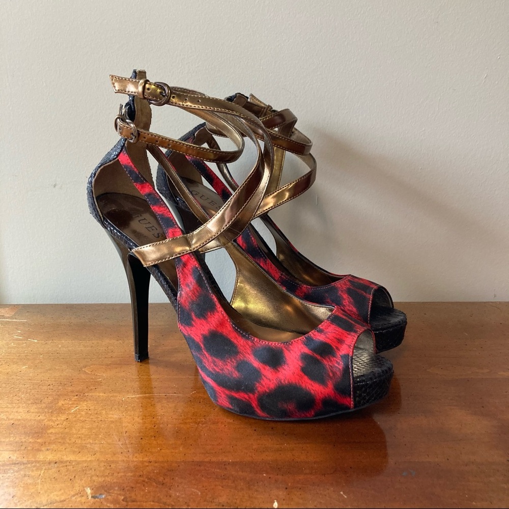 Guess Red Leopard Print Patent Leather High Heels